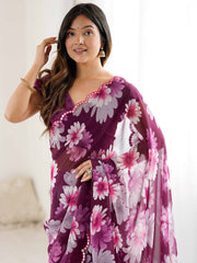 Awesome Wine Floral Printed Georgette Party Wear Saree With Blouse 