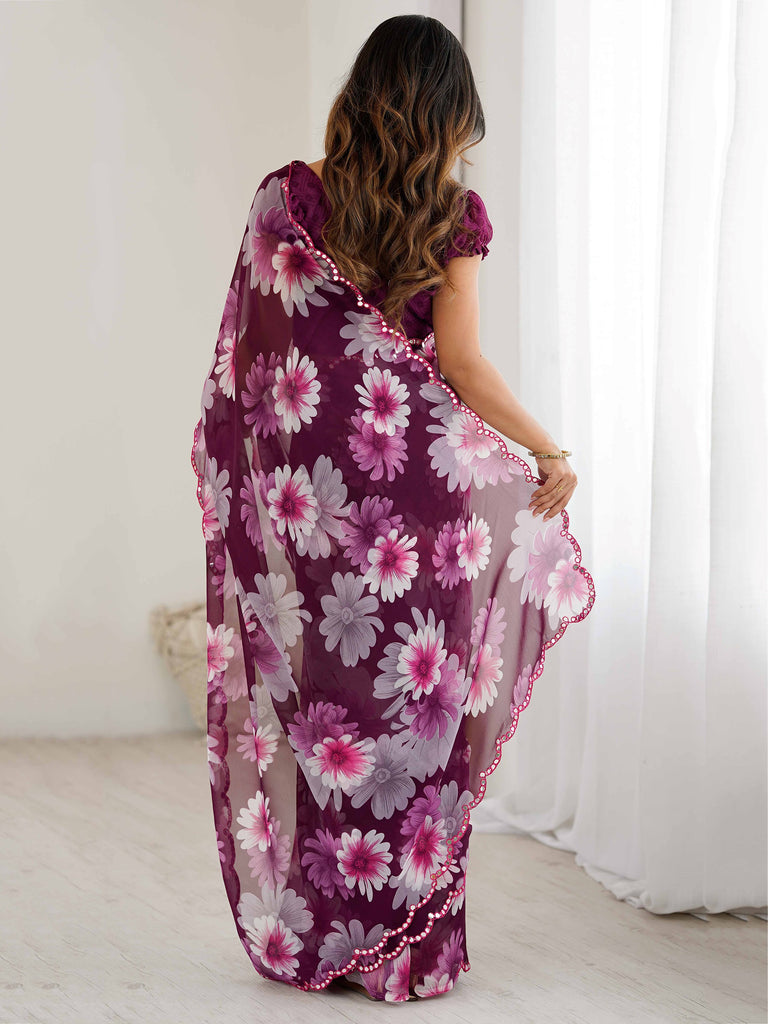 Awesome Wine Floral Printed Georgette Party Wear Saree With Blouse 
