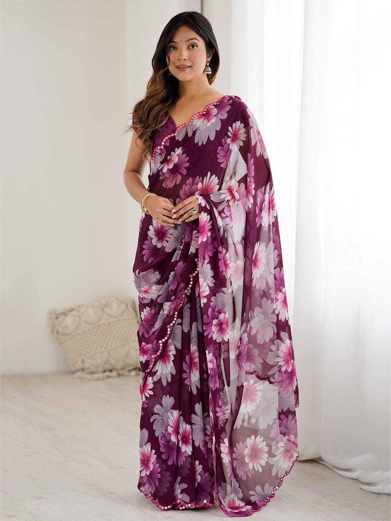Awesome Wine Floral Printed Georgette Party Wear Saree With Blouse 