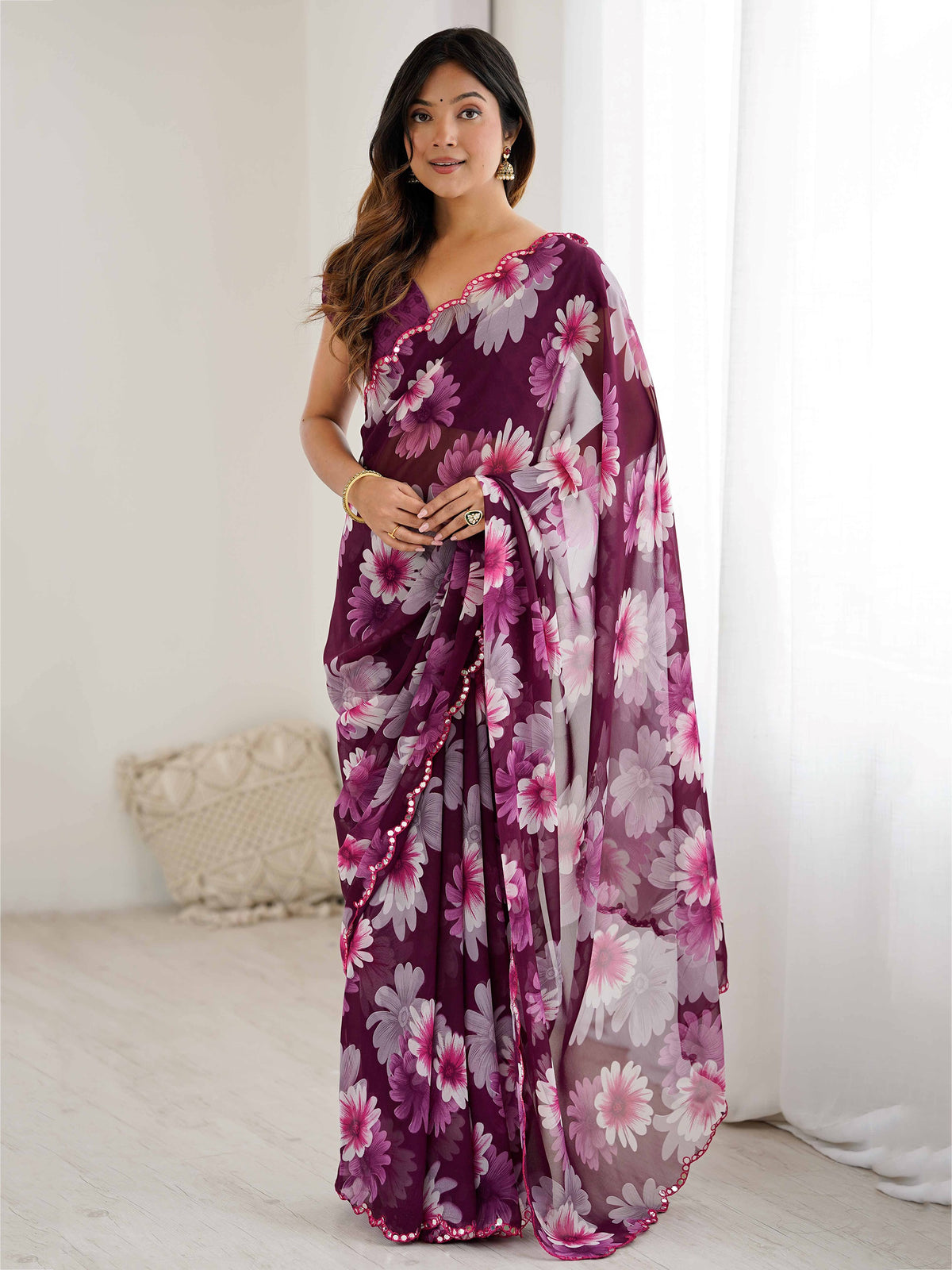 Awesome Wine Floral Printed Georgette Party Wear Saree With Blouse 