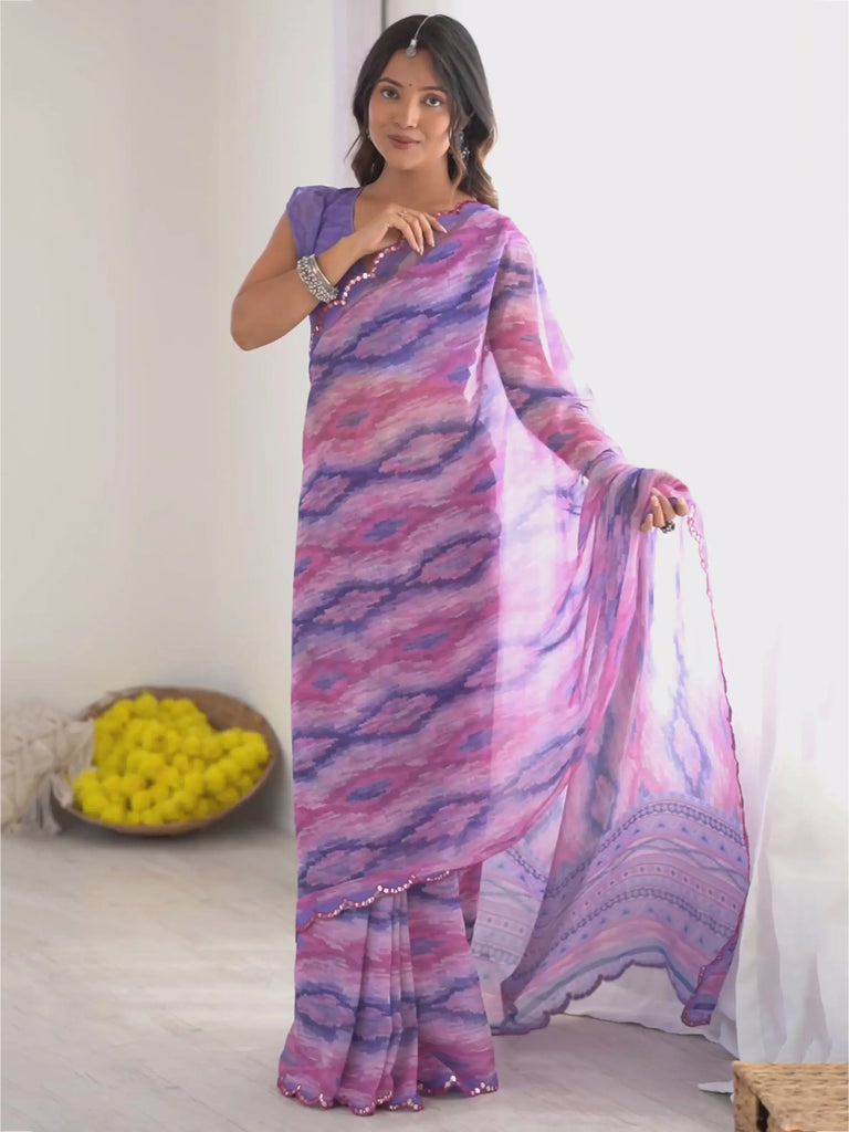 Gorgeous Purple Digital Printed Georgette Party Wear Saree With Blouse