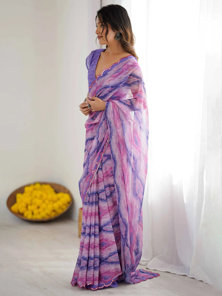 Gorgeous Purple Digital Printed Georgette Party Wear Saree With Blouse