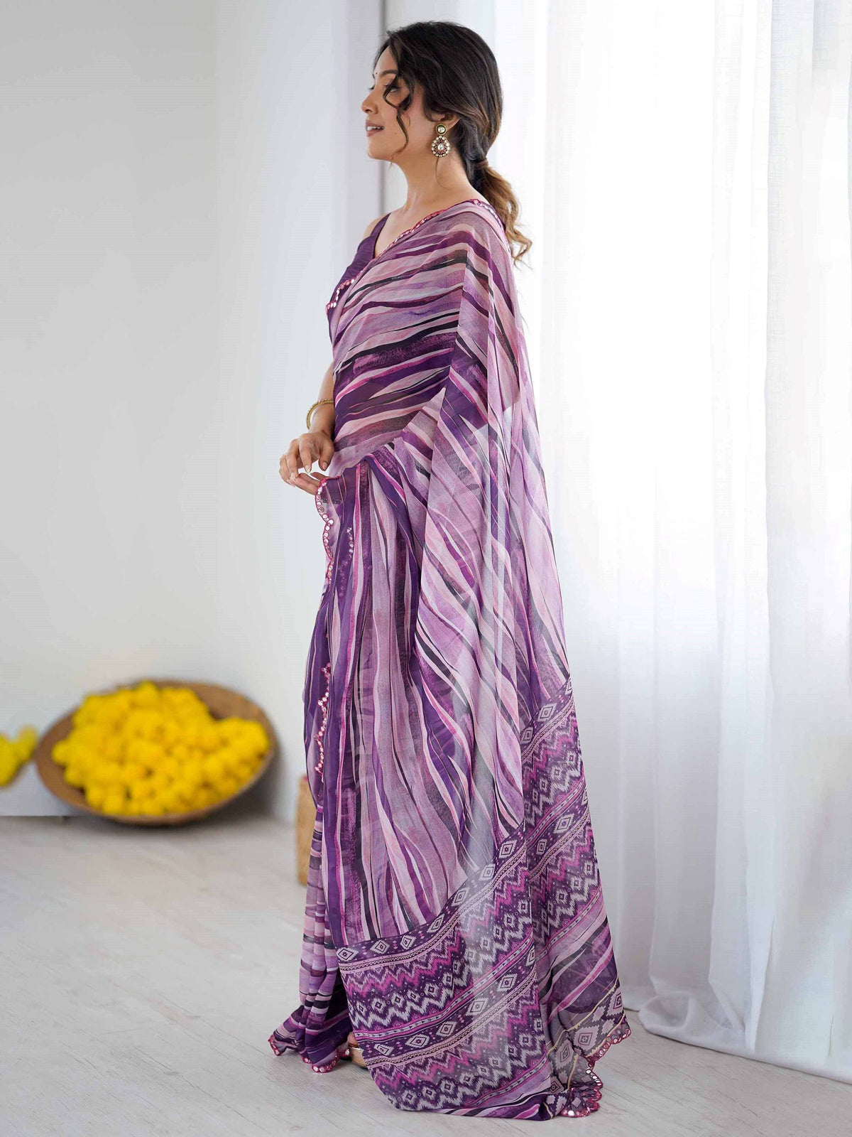 Purple and pink striped saree with geometric border, Indian ethnic wear for women
