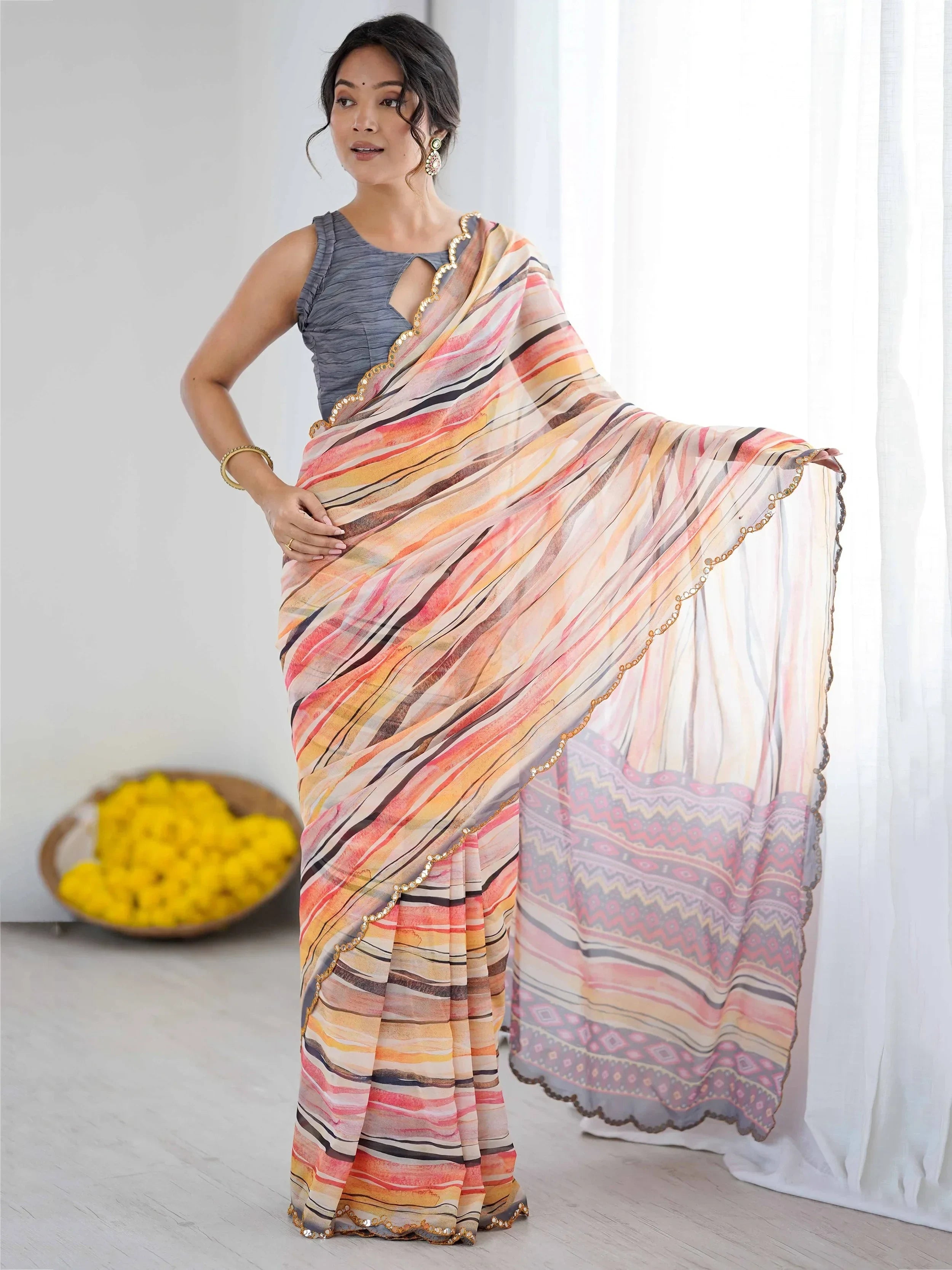 Sparkling Multicolor Printed Georgette Party Wear Saree With Blouse