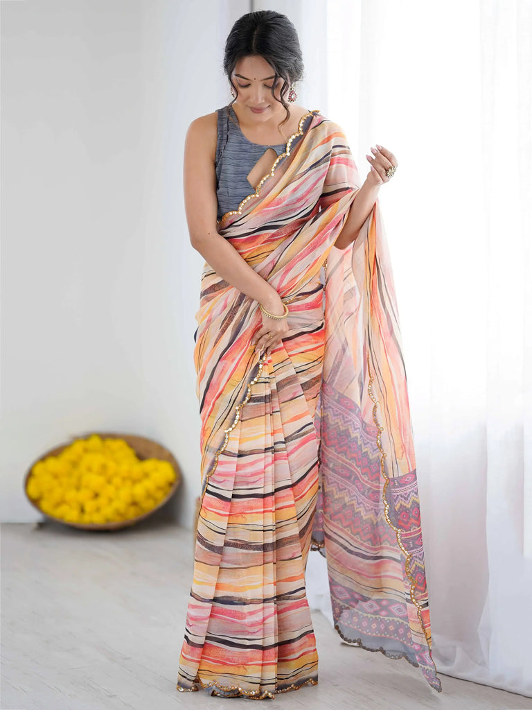 Sparkling Peach Printed Georgette Party Wear Saree With Blouse 