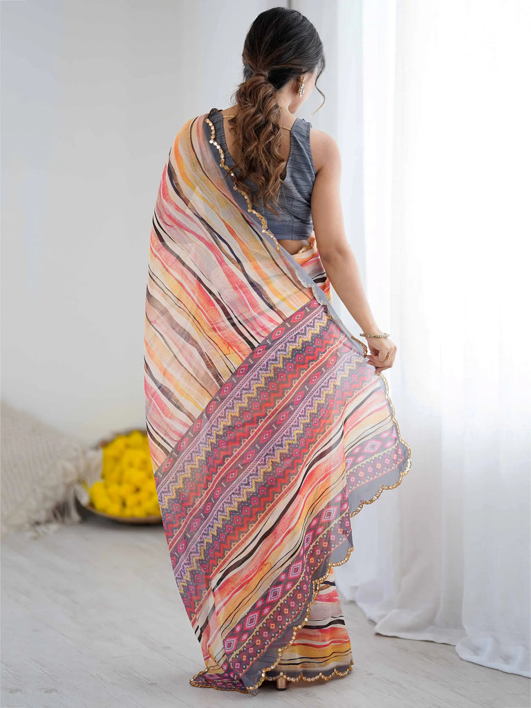 Sparkling Peach Printed Georgette Party Wear Saree With Blouse 