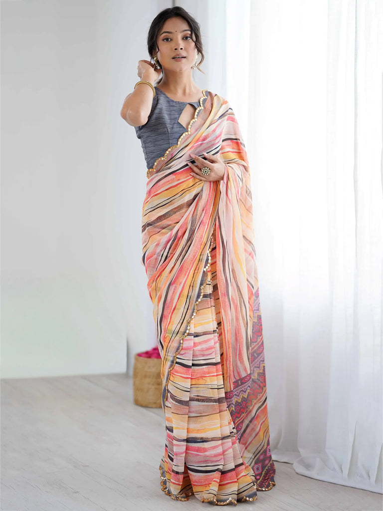Sparkling Peach Printed Georgette Party Wear Saree With Blouse 