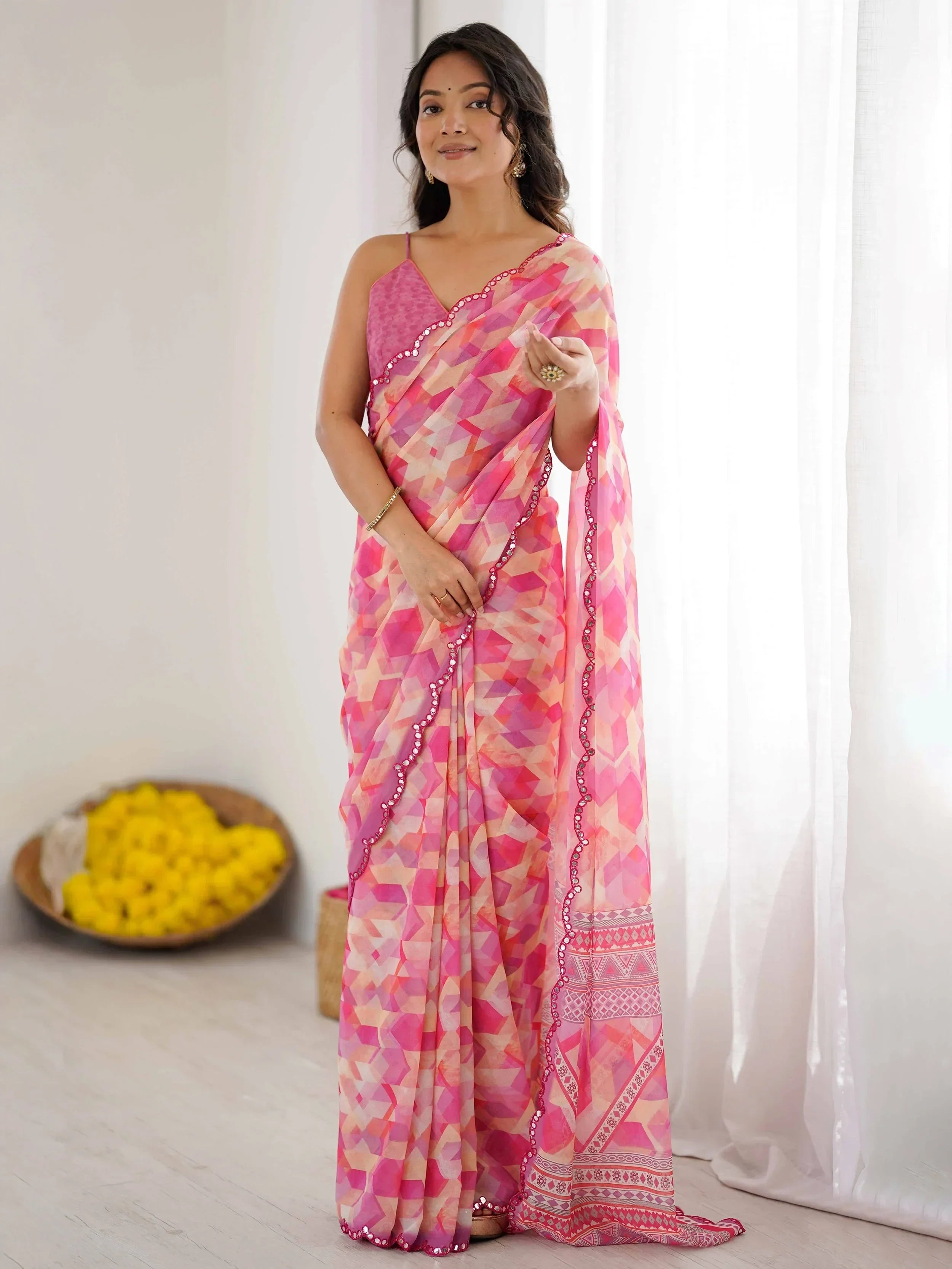 Fantastic Pink Digital Printed Georgette Party Wear Saree With Blouse 