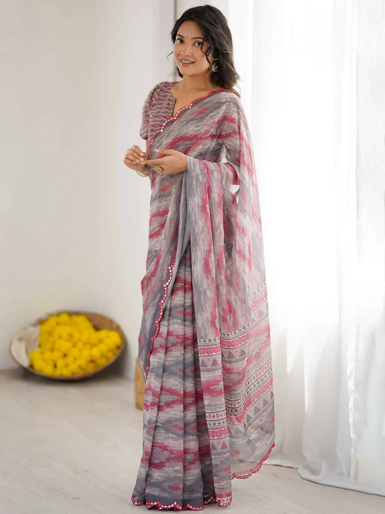 Elegant gray and pink printed saree with sequin border, perfect for ethnic occasions