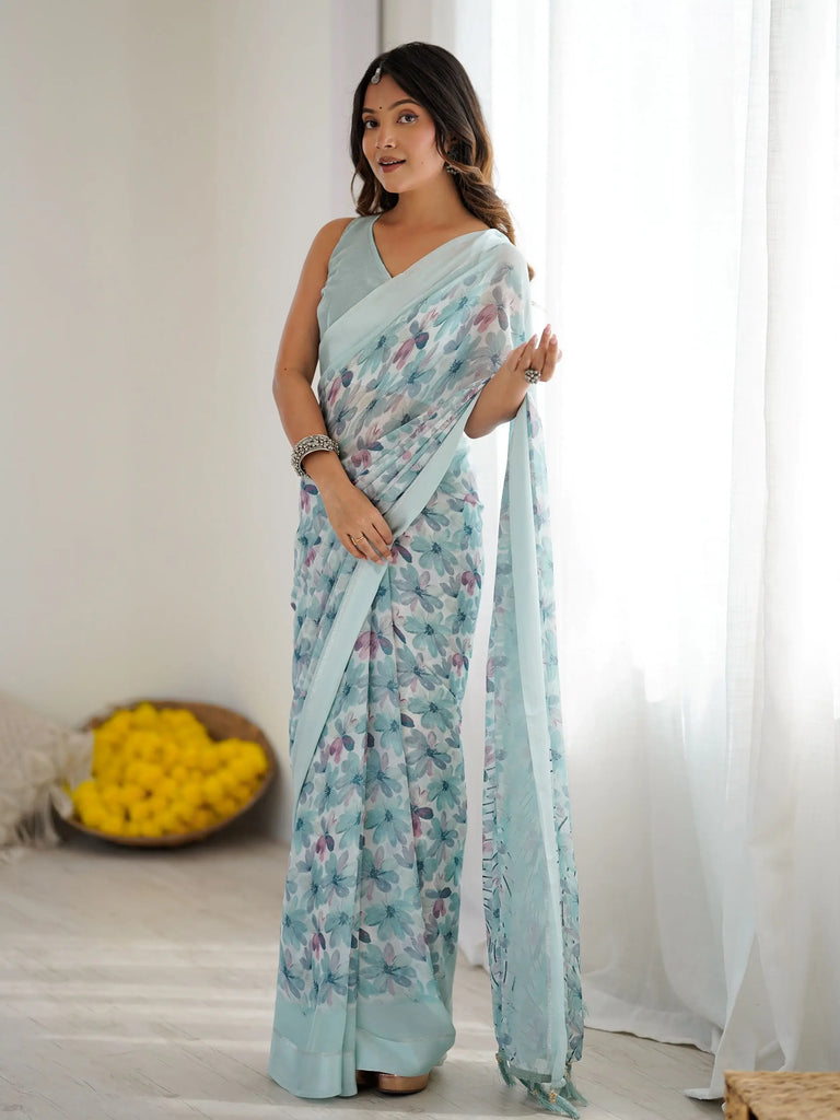 Wonderful Blue Floral Printed Satin Casual Wear Saree With Blouse 