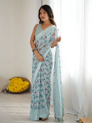 Wonderful Blue Floral Printed Satin Casual Wear Saree With Blouse 