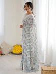 Great Grey Floral Printed Satin Party Wear Saree With Blouse 