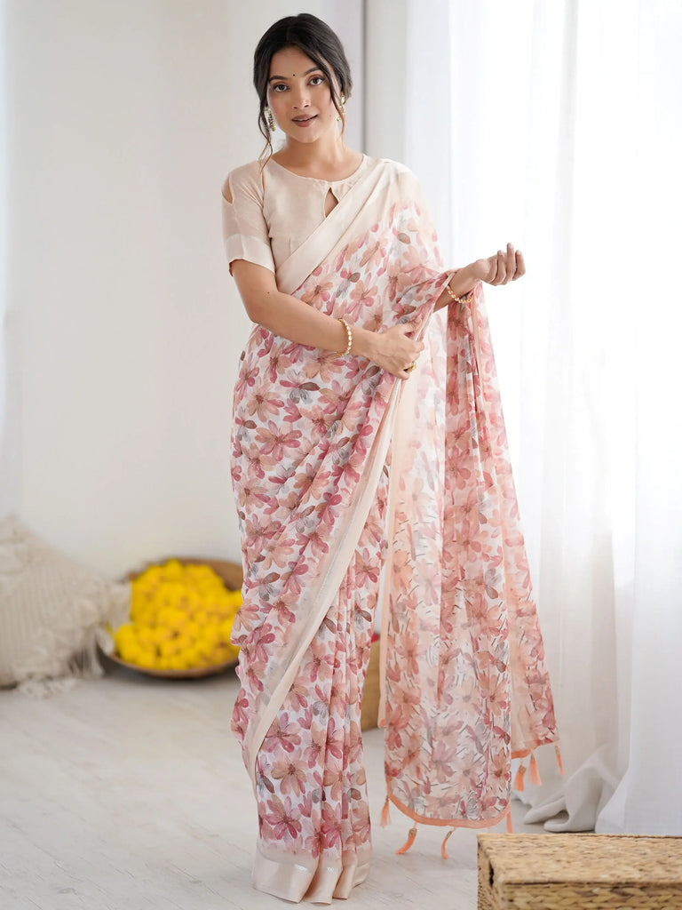 Incredible Peach Floral Printed Satin Party Wear Saree With Blouse 