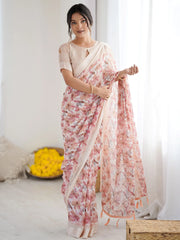 Incredible Peach Floral Printed Satin Party Wear Saree With Blouse 