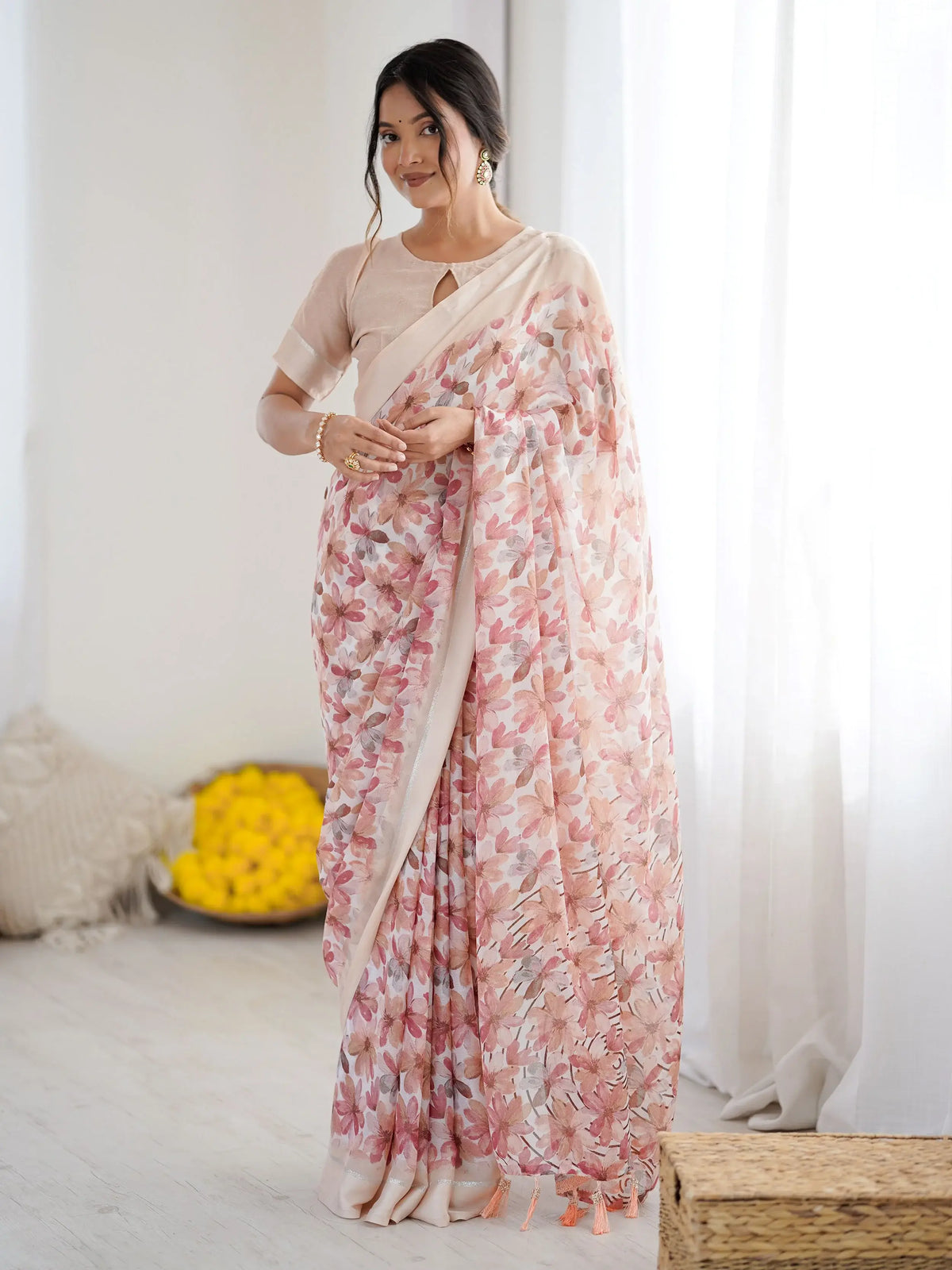 Incredible Peach Floral Printed Satin Party Wear Saree With Blouse 