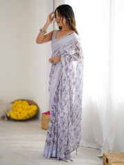Outstanding Lavender Floral Printed Satin Party Wear Saree With Blouse 