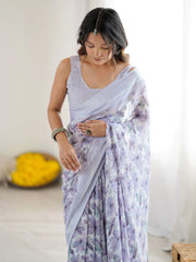 Outstanding Lavender Floral Printed Satin Party Wear Saree With Blouse 