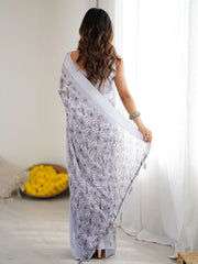 Outstanding Lavender Floral Printed Satin Party Wear Saree With Blouse 