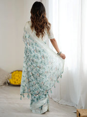 Enchanting Green Floral Printed Satin Function Wear Saree With Blouse 