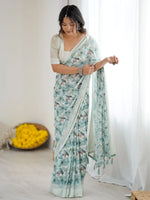 Enchanting Green Floral Printed Satin Function Wear Saree With Blouse