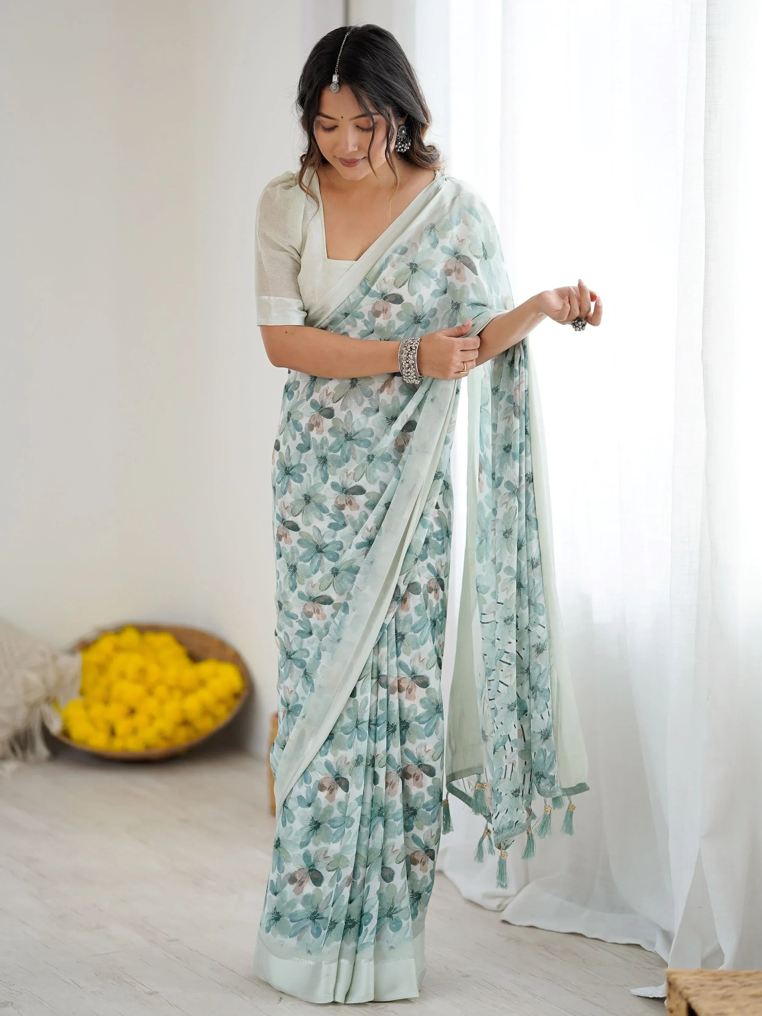 Enchanting Green Floral Printed Satin Function Wear Saree With Blouse 