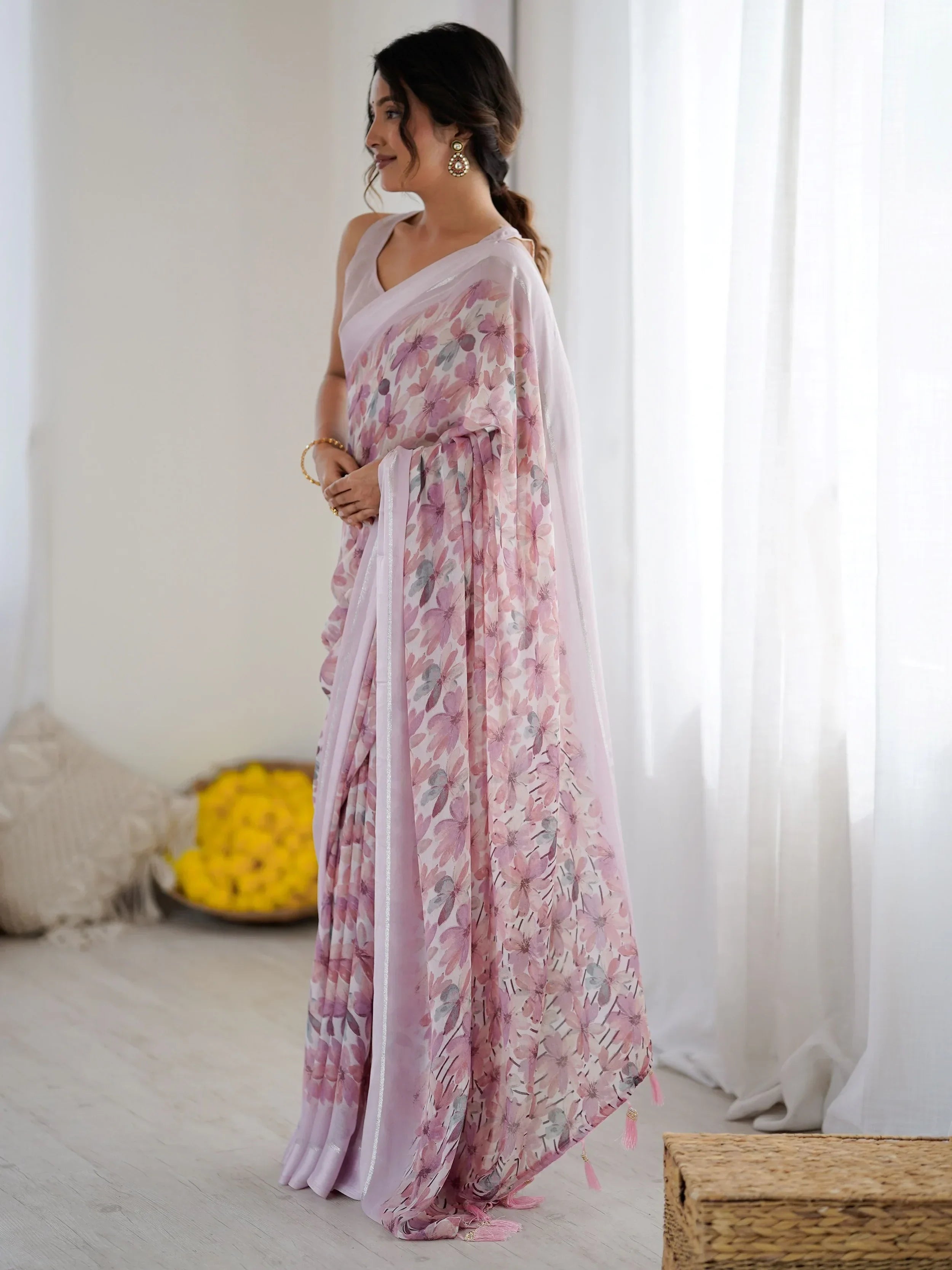 Precious Purple Floral Printed Satin Party Wear Saree With Blouse 