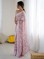 Precious Purple Floral Printed Satin Party Wear Saree With Blouse 