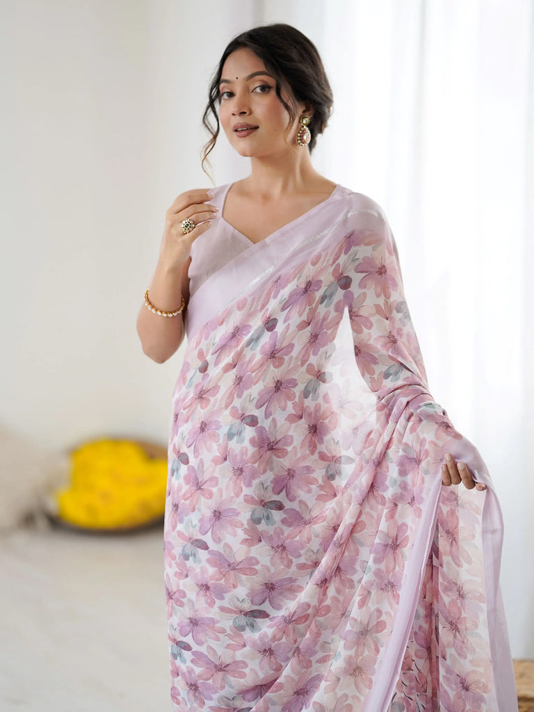 Precious Purple Floral Printed Satin Party Wear Saree With Blouse 