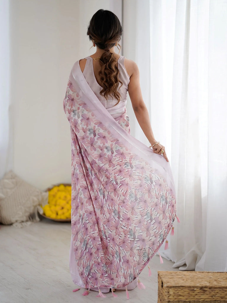 Precious Purple Floral Printed Satin Party Wear Saree With Blouse 