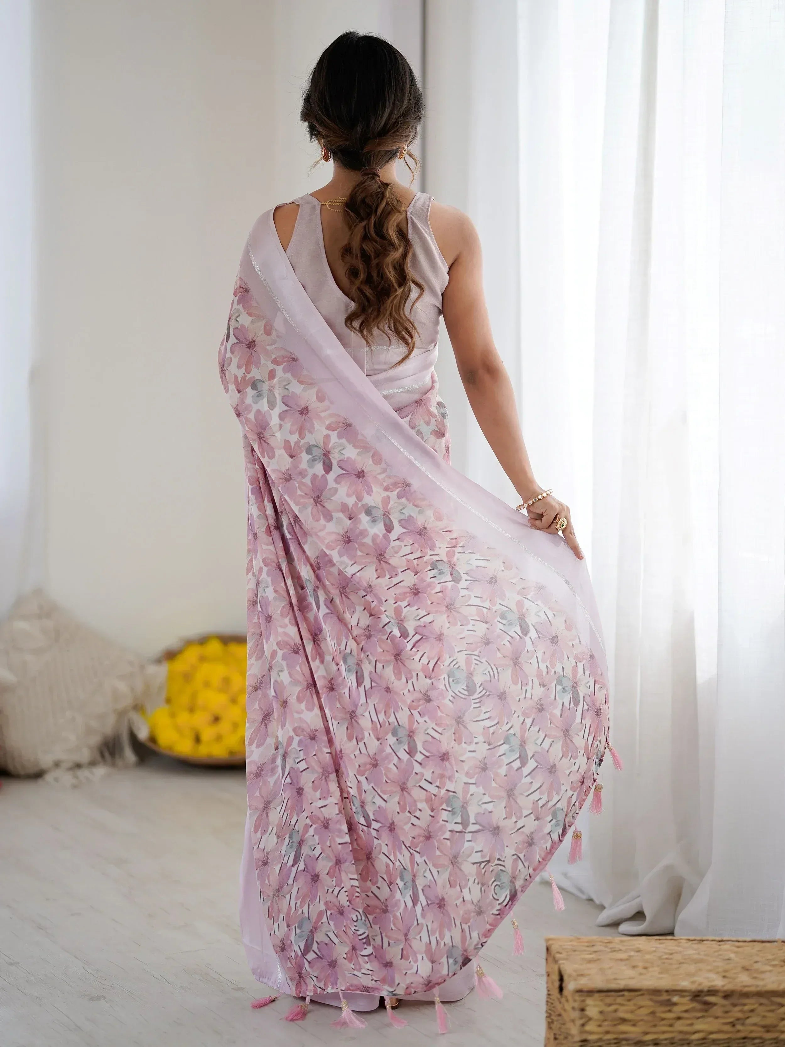 Precious Purple Floral Printed Satin Party Wear Saree With Blouse 