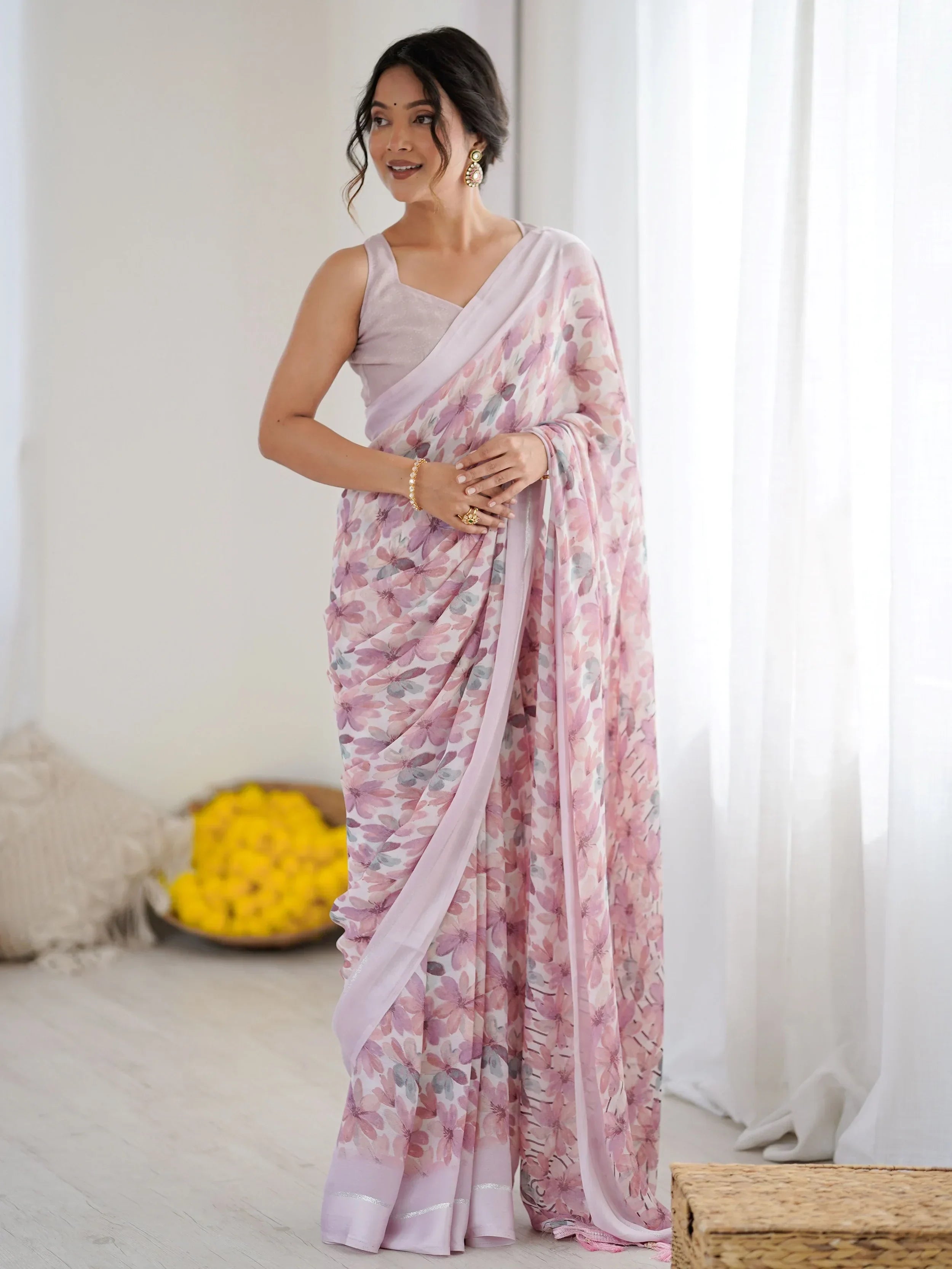 Precious Purple Floral Printed Satin Party Wear Saree With Blouse 