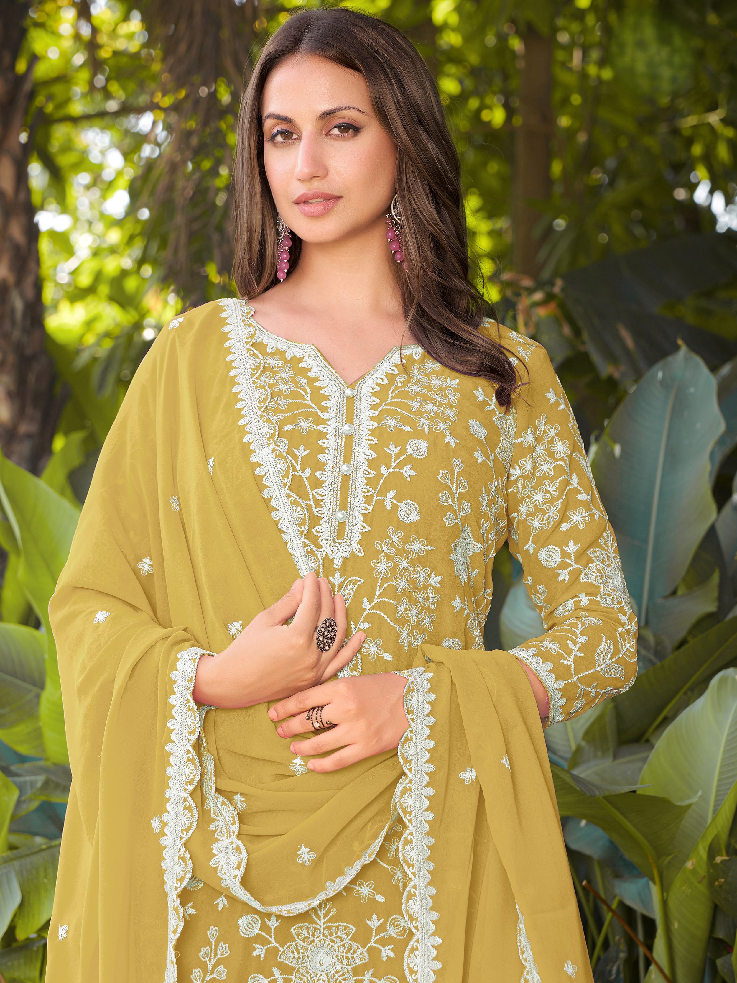 Impressive Yellow Embroidered Georgette Festive Wear Palazzo Suit
