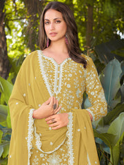 Impressive Yellow Embroidered Georgette Festive Wear Palazzo Suit