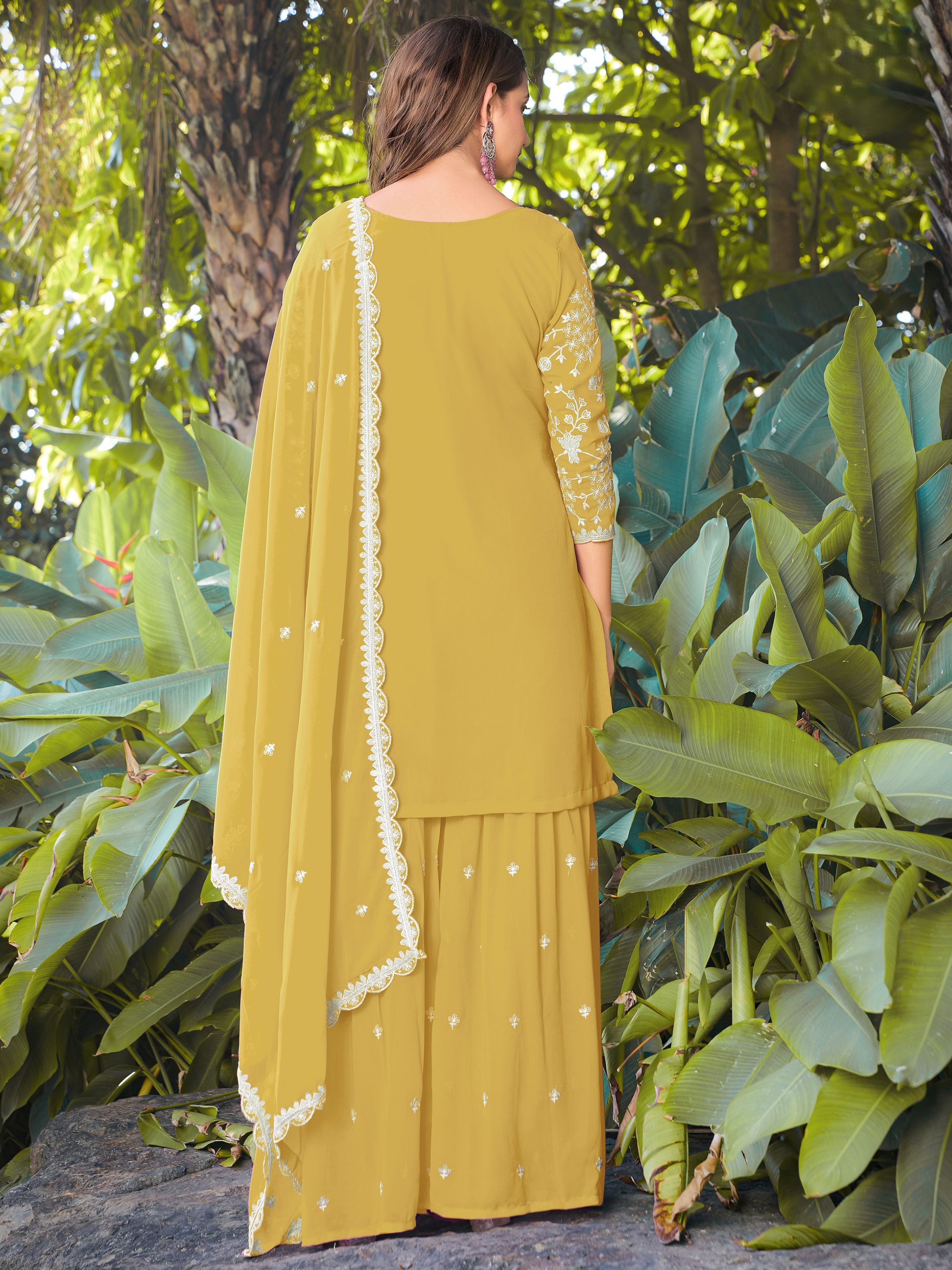 Impressive Yellow Embroidered Georgette Festive Wear Palazzo Suit