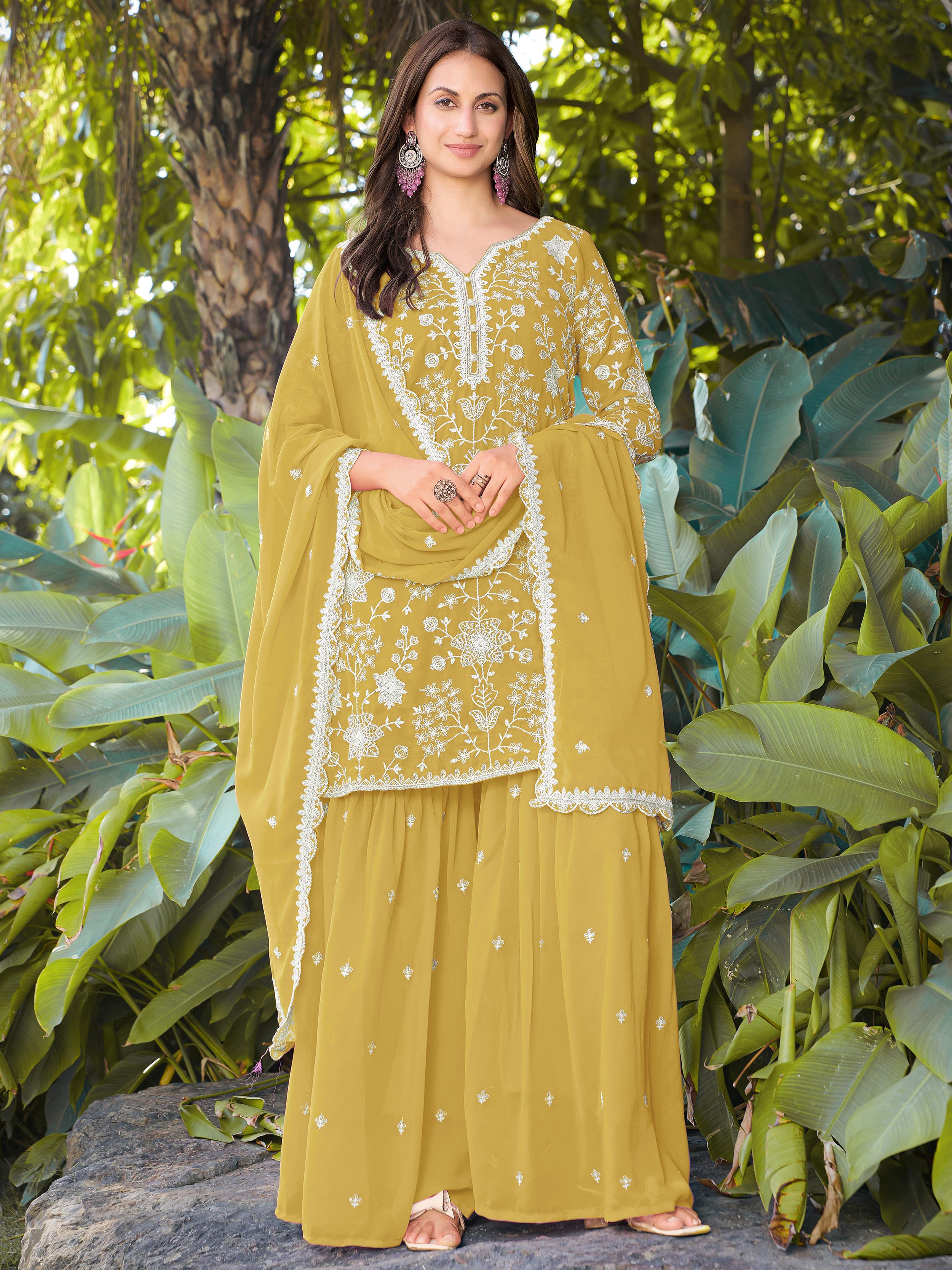 Impressive Yellow Embroidered Georgette Festive Wear Palazzo Suit