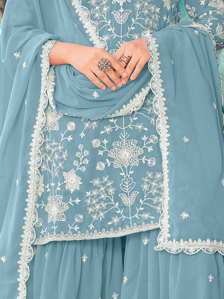 Stylish Sky Blue Embroidered Georgette Wedding Wear Palazzo Suit 