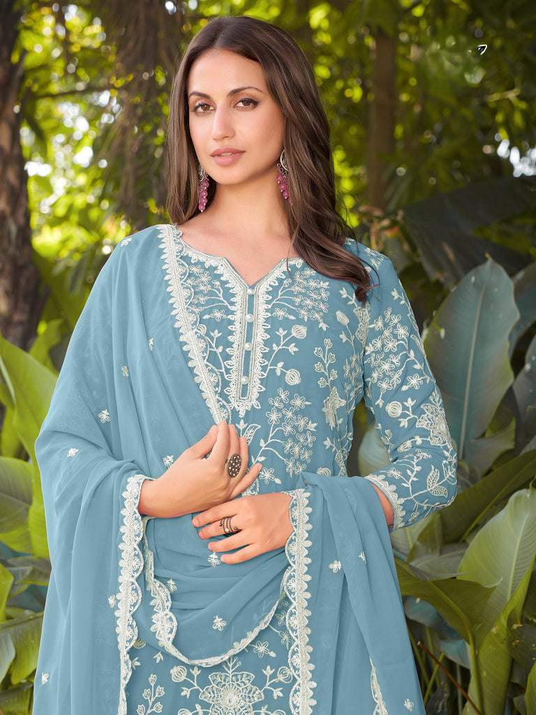 Stylish Sky Blue Embroidered Georgette Wedding Wear Palazzo Suit 