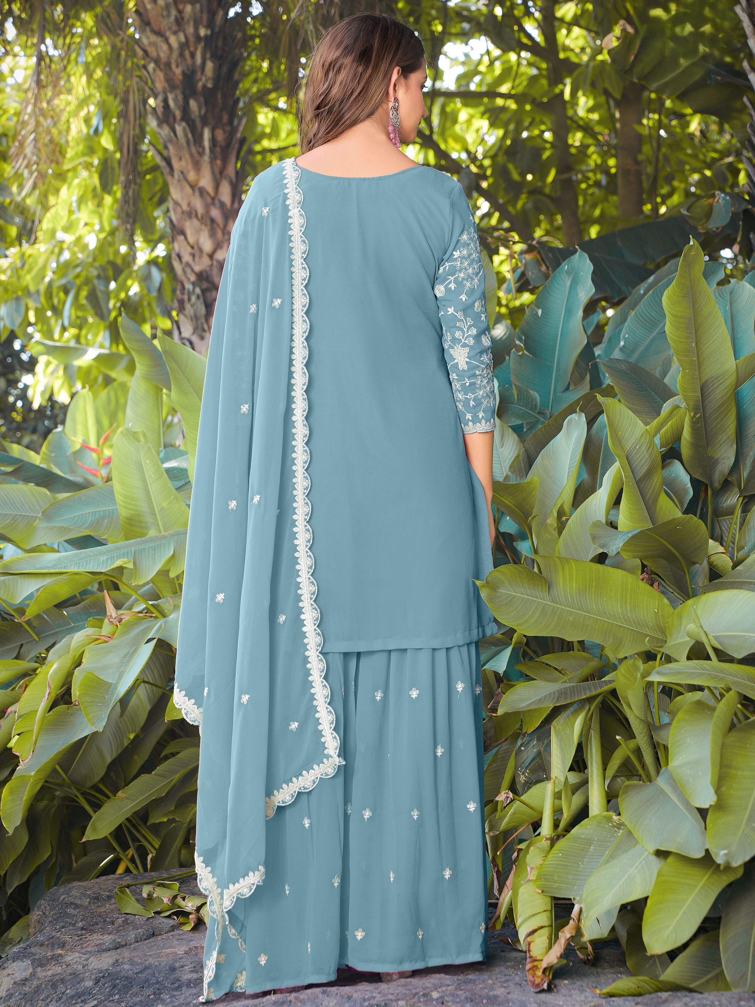 Stylish Sky Blue Embroidered Georgette Wedding Wear Palazzo Suit 