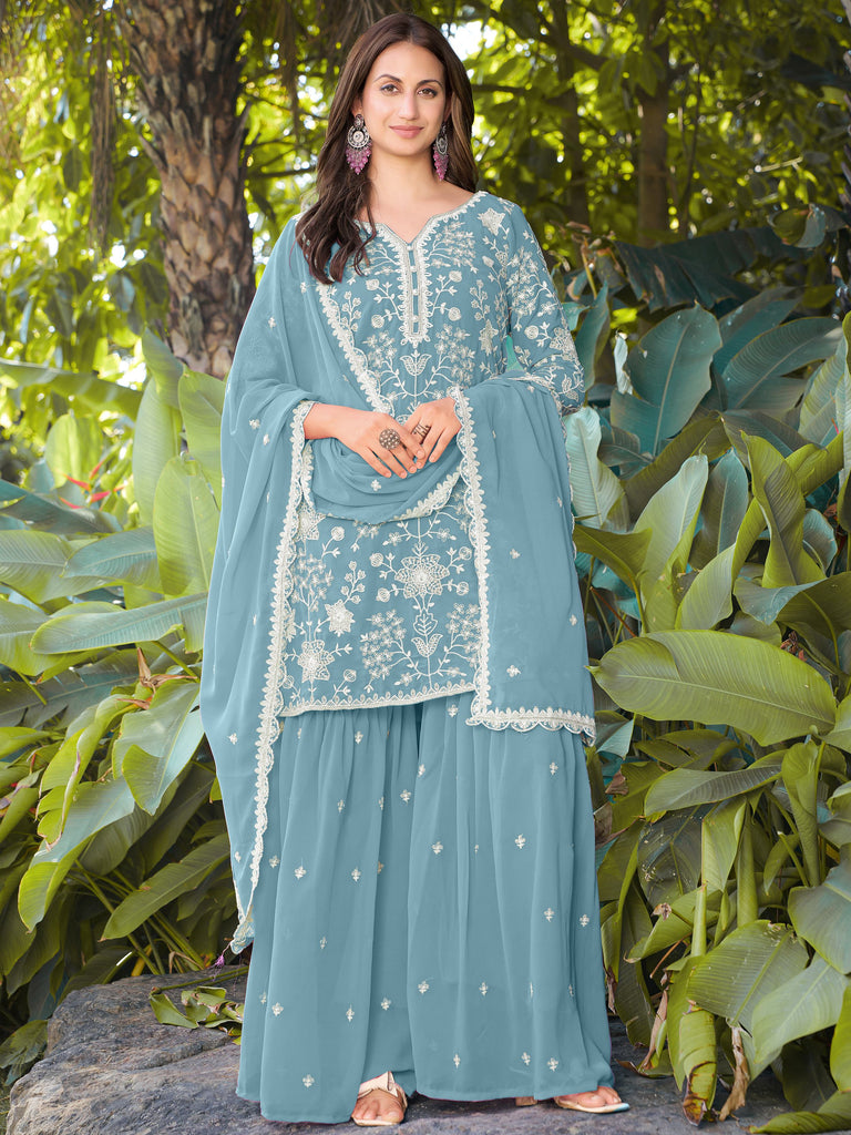Stylish Sky Blue Embroidered Georgette Wedding Wear Palazzo Suit 