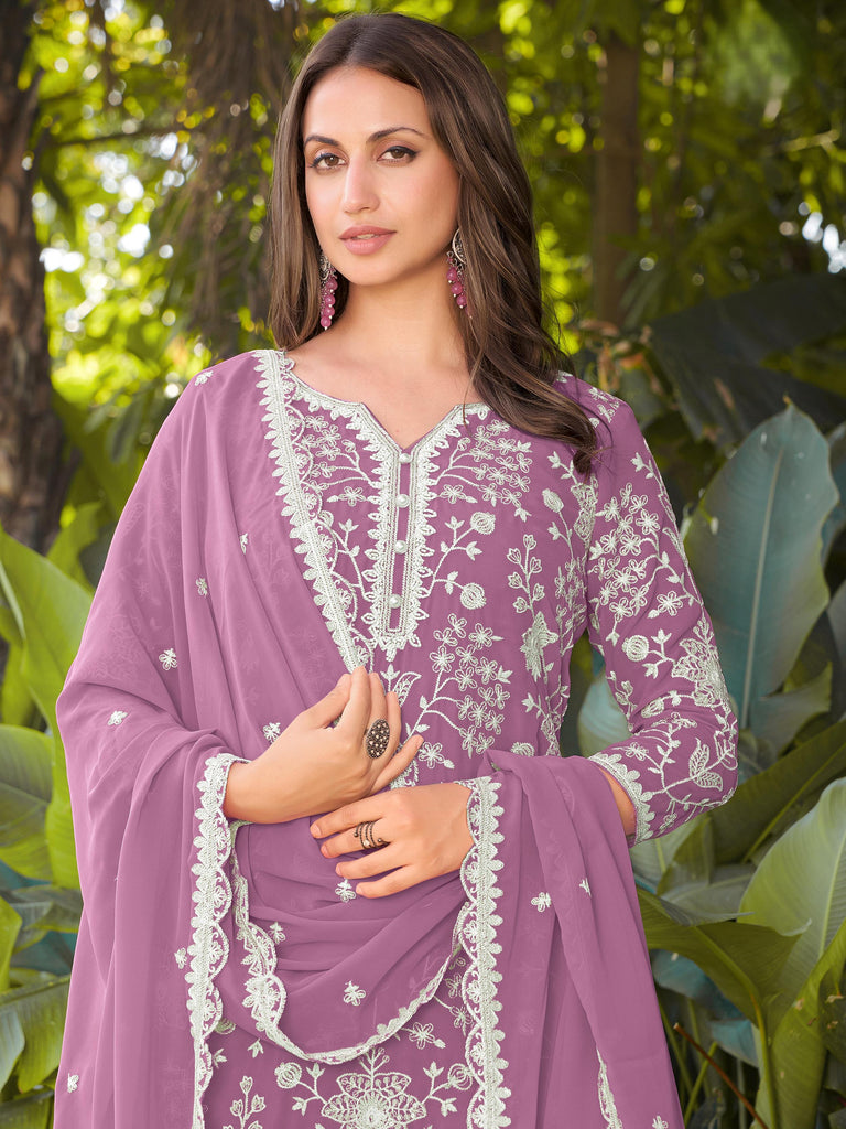 Lovely Pink Embroidered Georgette Festival Wear Palazzo Suit 
