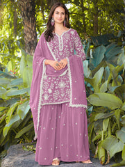 Lovely Pink Embroidered Georgette Festival Wear Palazzo Suit 