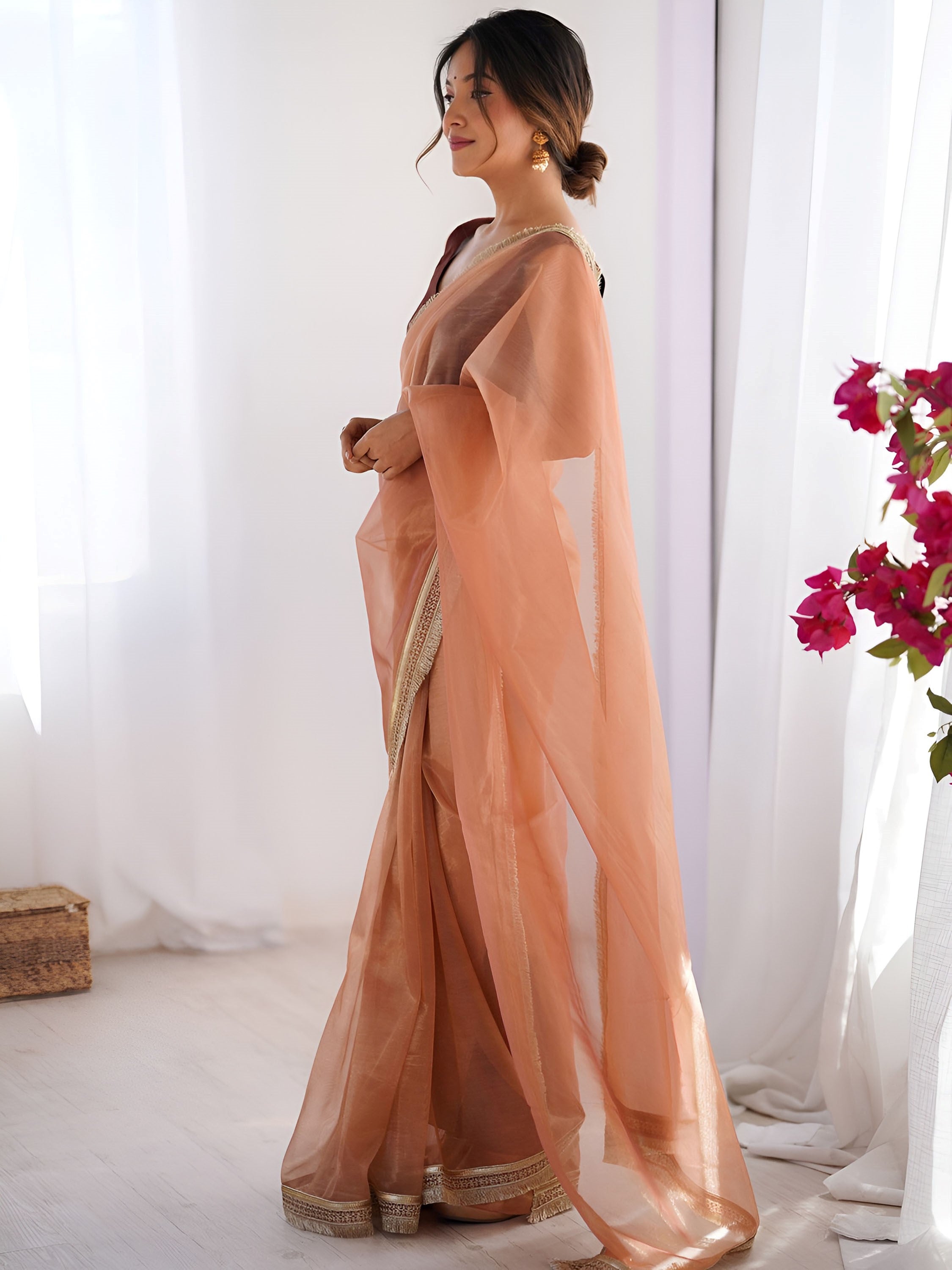 Captivating Orange Lace Work Net Party Wear Saree With Blouse
