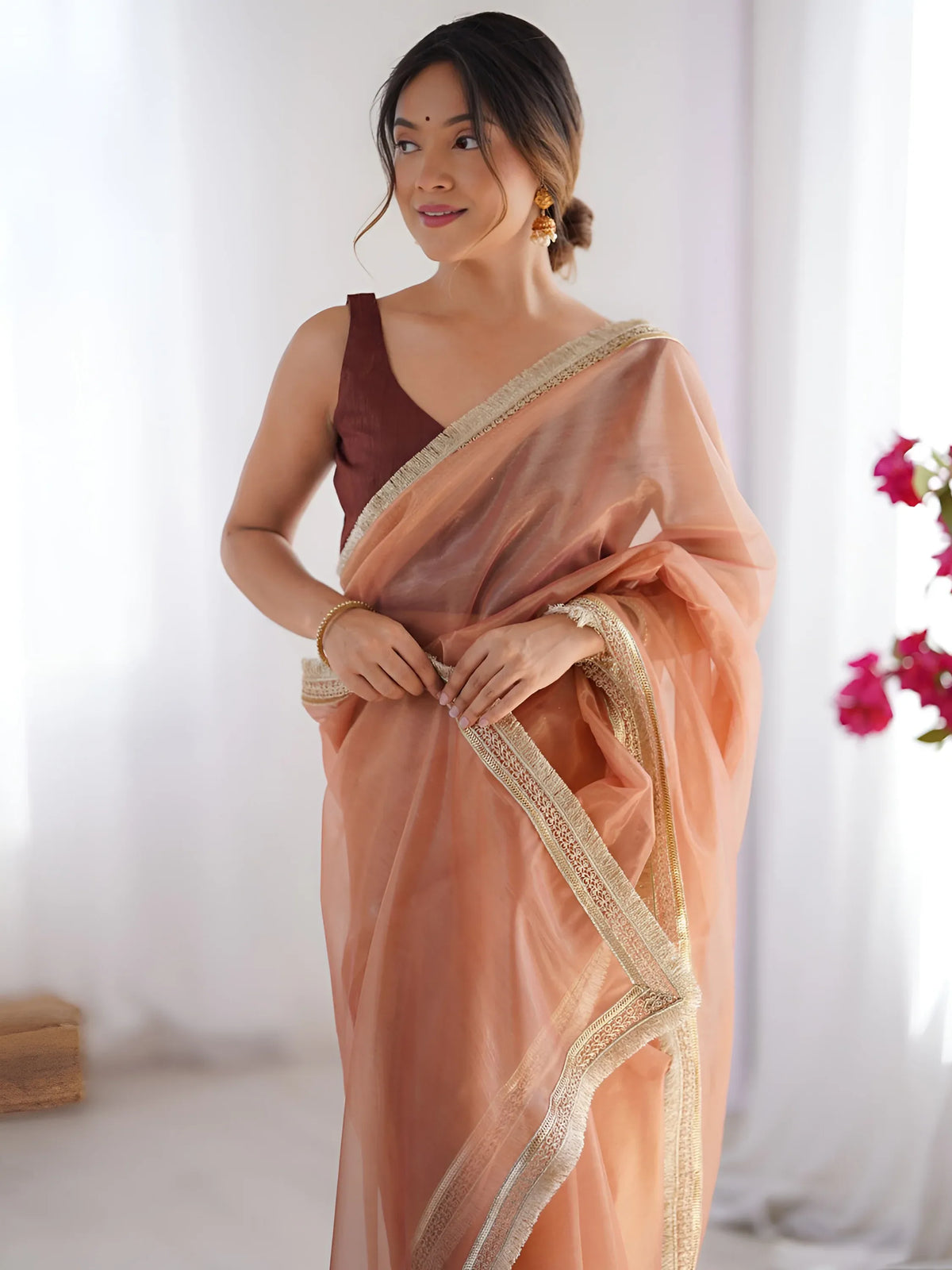 Captivating Orange Lace Work Net Party Wear Saree With Blouse