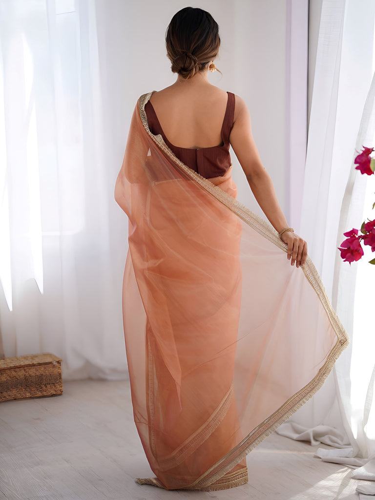Captivating Orange Lace Work Net Party Wear Saree With Blouse