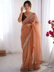 Captivating Orange Lace Work Net Party Wear Saree With Blouse