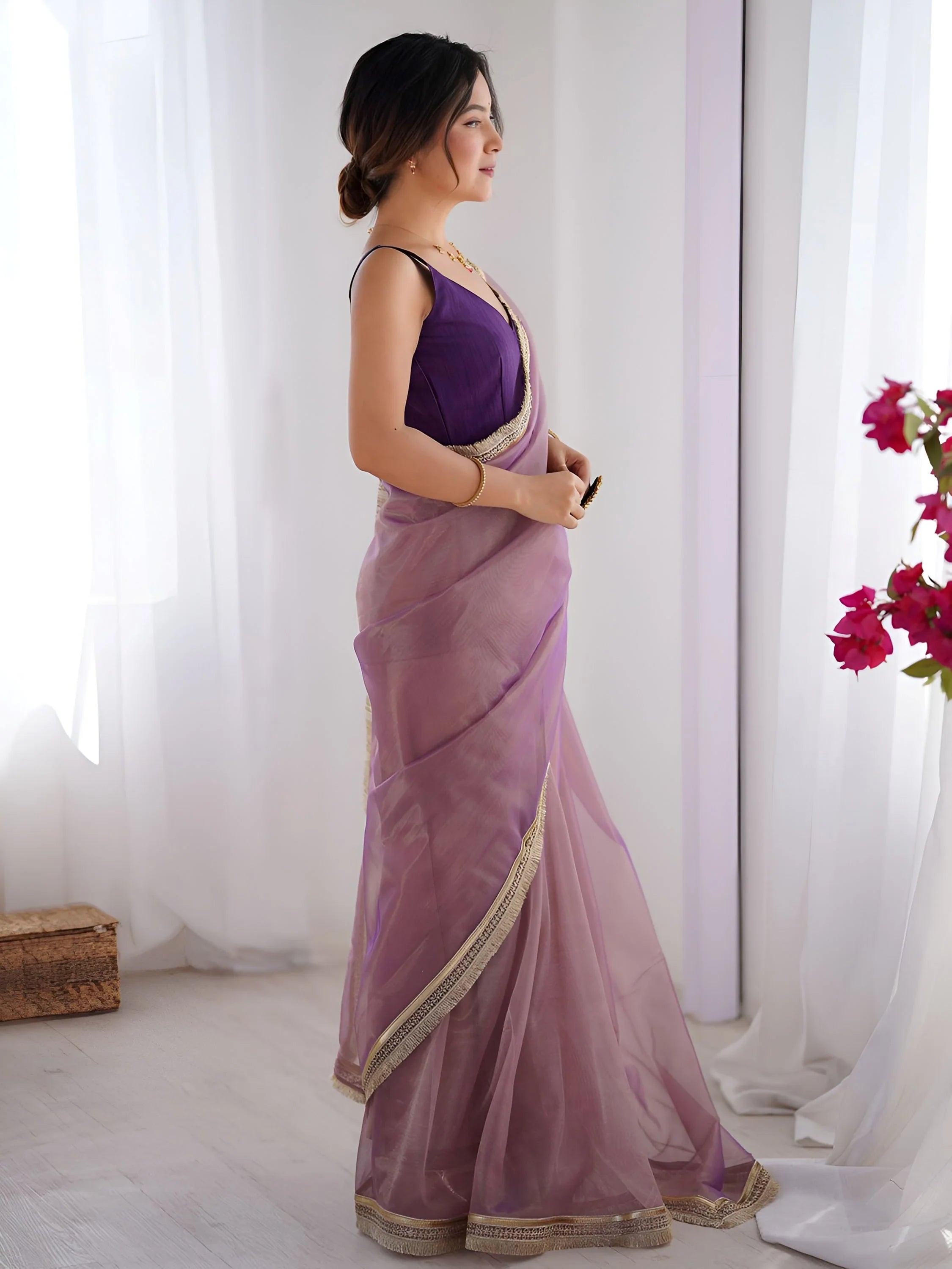 Wonderful Lavender Lace Work Net Reception Wear Saree With Blouse