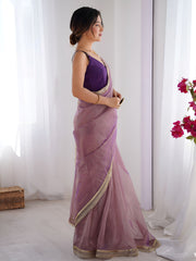 Wonderful Lavender Lace Work Net Reception Wear Saree With Blouse