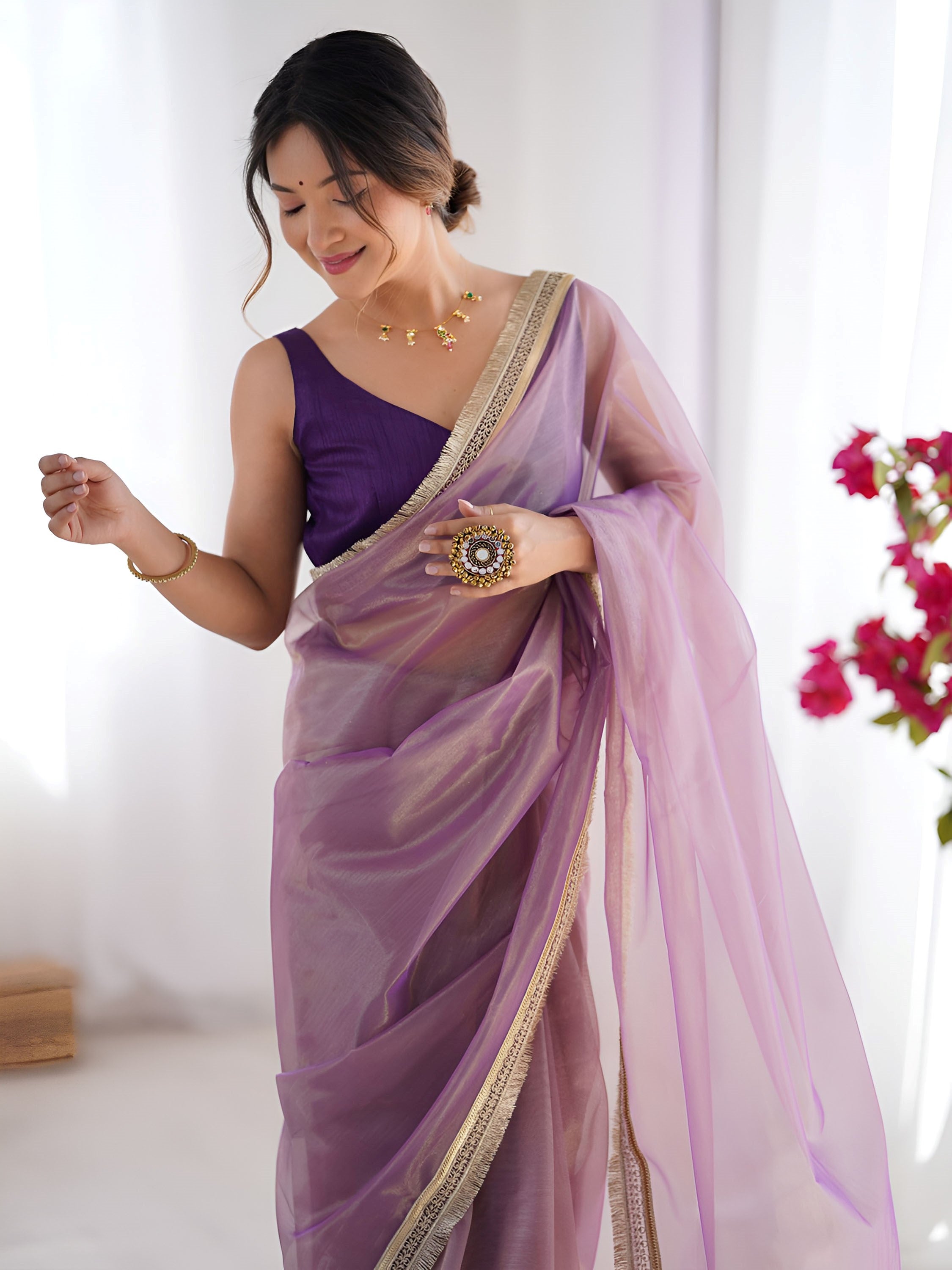Wonderful Lavender Lace Work Net Reception Wear Saree With Blouse