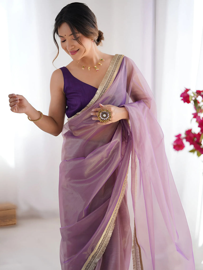 Wonderful Lavender Lace Work Net Reception Wear Saree With Blouse
