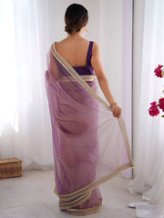 Wonderful Lavender Lace Work Net Reception Wear Saree With Blouse